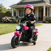 Bright pink 6V kids motorcycle features a sturdy frame, detachable training wheels, and a fun headlight for ages 2-5.