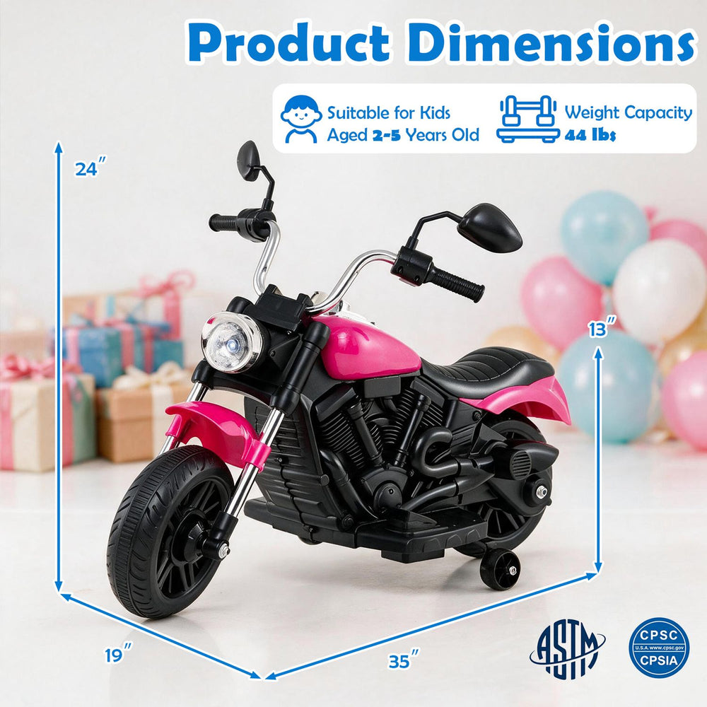 Kids' pink motorcycle with detachable training wheels, 6V battery, and music, designed for ages 2-5, supports 44 lbs.