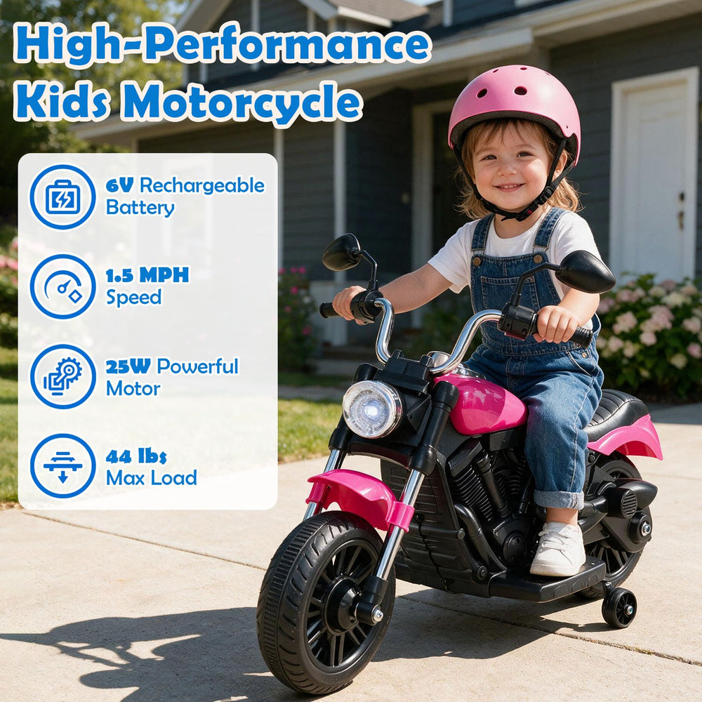Pink 6V kids motorcycle with detachable training wheels, 25W motor, and music features for ages 2-5.