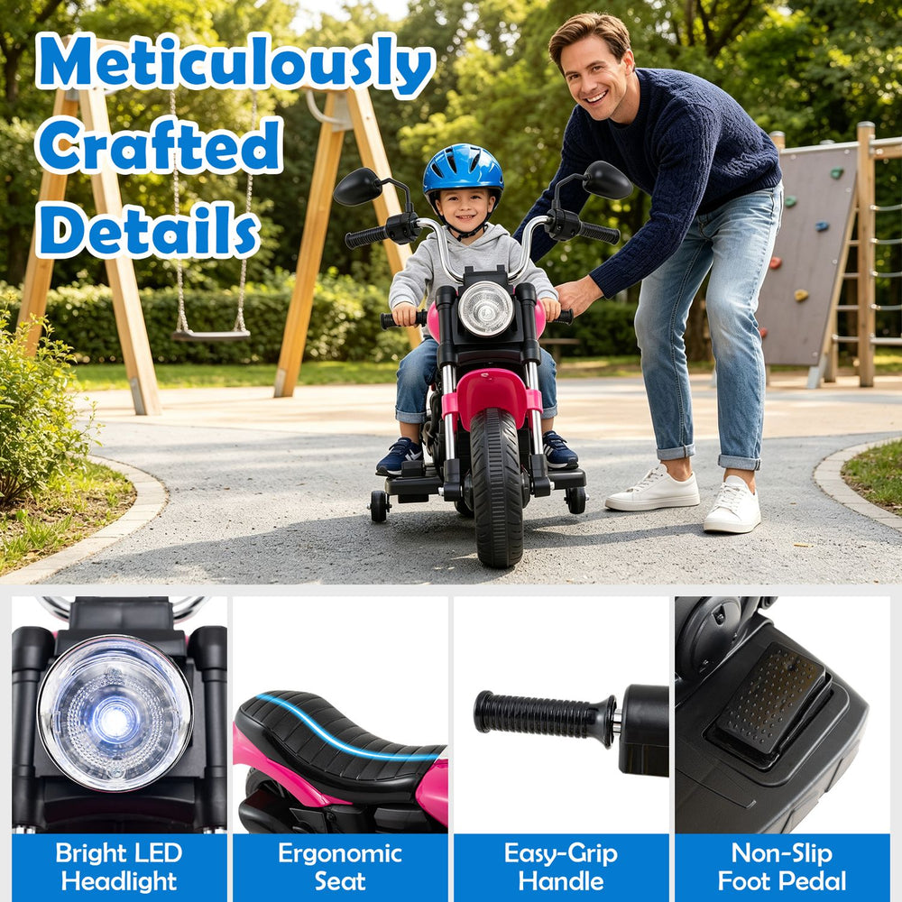 Kids motorcycle in pink with detachable training wheels, ergonomic seat, and bright LED headlight for ages 2-5.