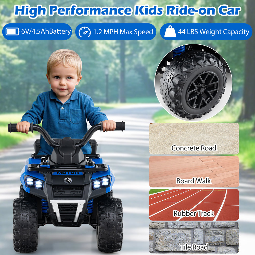 Kids ride-on ATV in blue with 6V motor, spray function, and storage box, perfect for outdoor fun and active play.