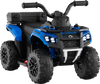 Blue 6V kids ride-on ATV with spray function, storage box, and music features for fun outdoor adventures.