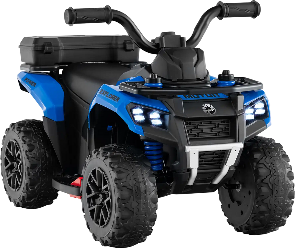 Blue 6V kids ride-on ATV with spray function, storage box, and music features for fun outdoor adventures.