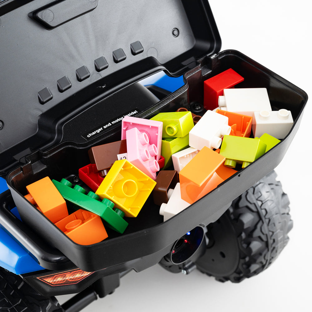 Storage box filled with colorful building blocks for the 6V Kids Ride On ATV, enhancing playtime fun and creativity.