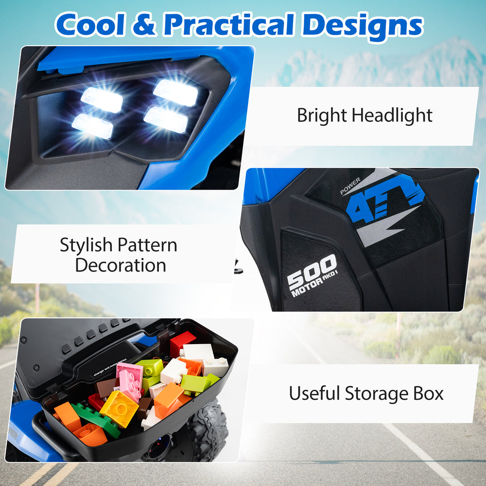 Close-up of the 6V Kids Ride On ATV's bright headlights and stylish storage box for fun and practical play.