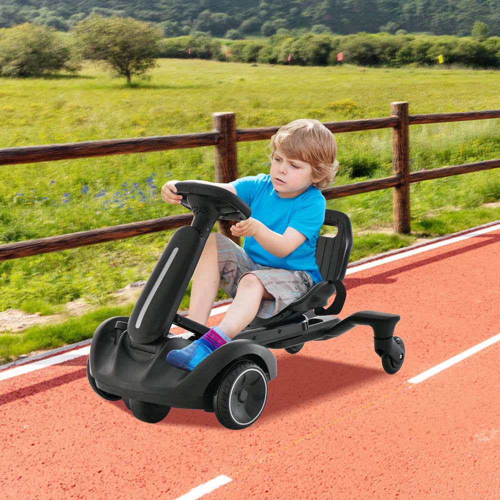 Kids ride-on drift car in black with adjustable seat, 360° spin, and safety belt for thrilling outdoor fun.