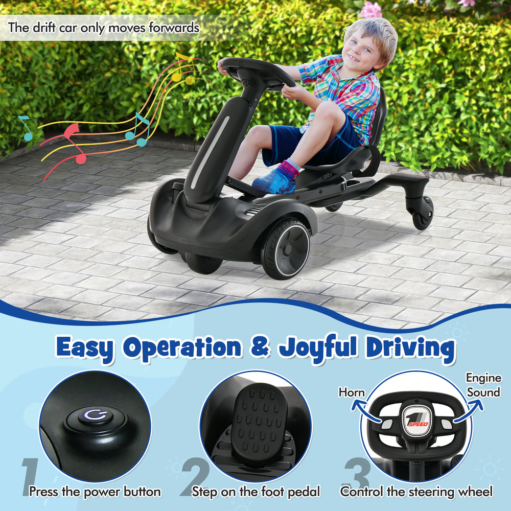 Kids ride-on drift car in black with 360° spin, adjustable height, and safety features for thrilling outdoor fun.