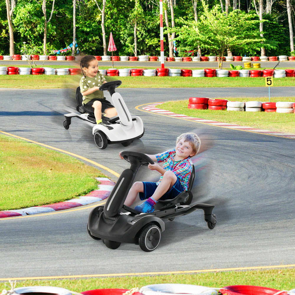 Kids riding on 6V drift cars with 360° spin capability, adjustable heights, and durable wheels for outdoor fun.