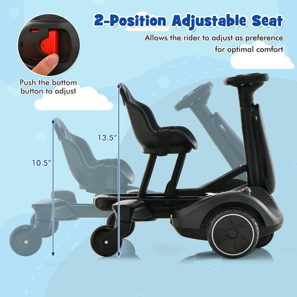 Adjustable seat of the 6V Kids Ride on Drift Car, featuring two height positions for optimal comfort during play.