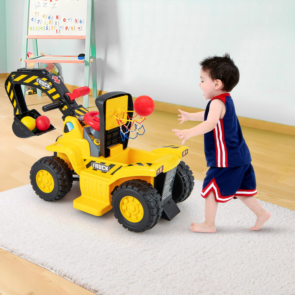 Kids ride-on excavator in yellow with basketball hoop, designed for fun and motor skill development.