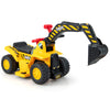 Kids ride-on excavator in yellow with a working bucket, steering wheel, and foldable basketball hoop for outdoor fun.