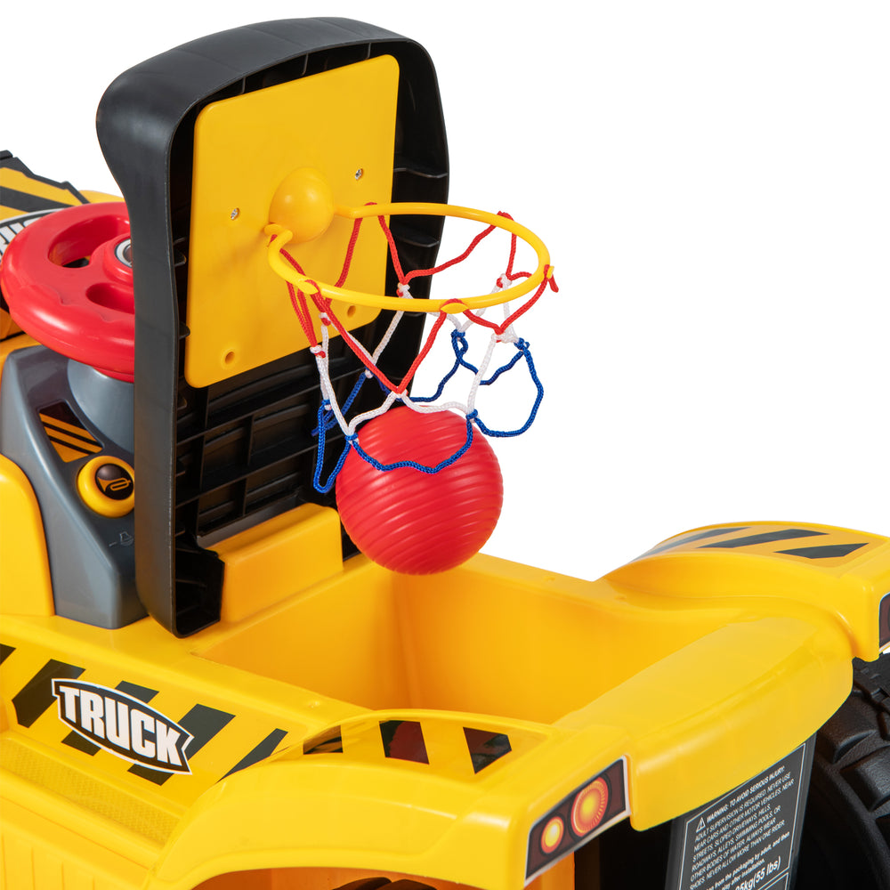 Kids ride-on excavator with folding basketball hoop and ball, designed for fun and motor skill development.