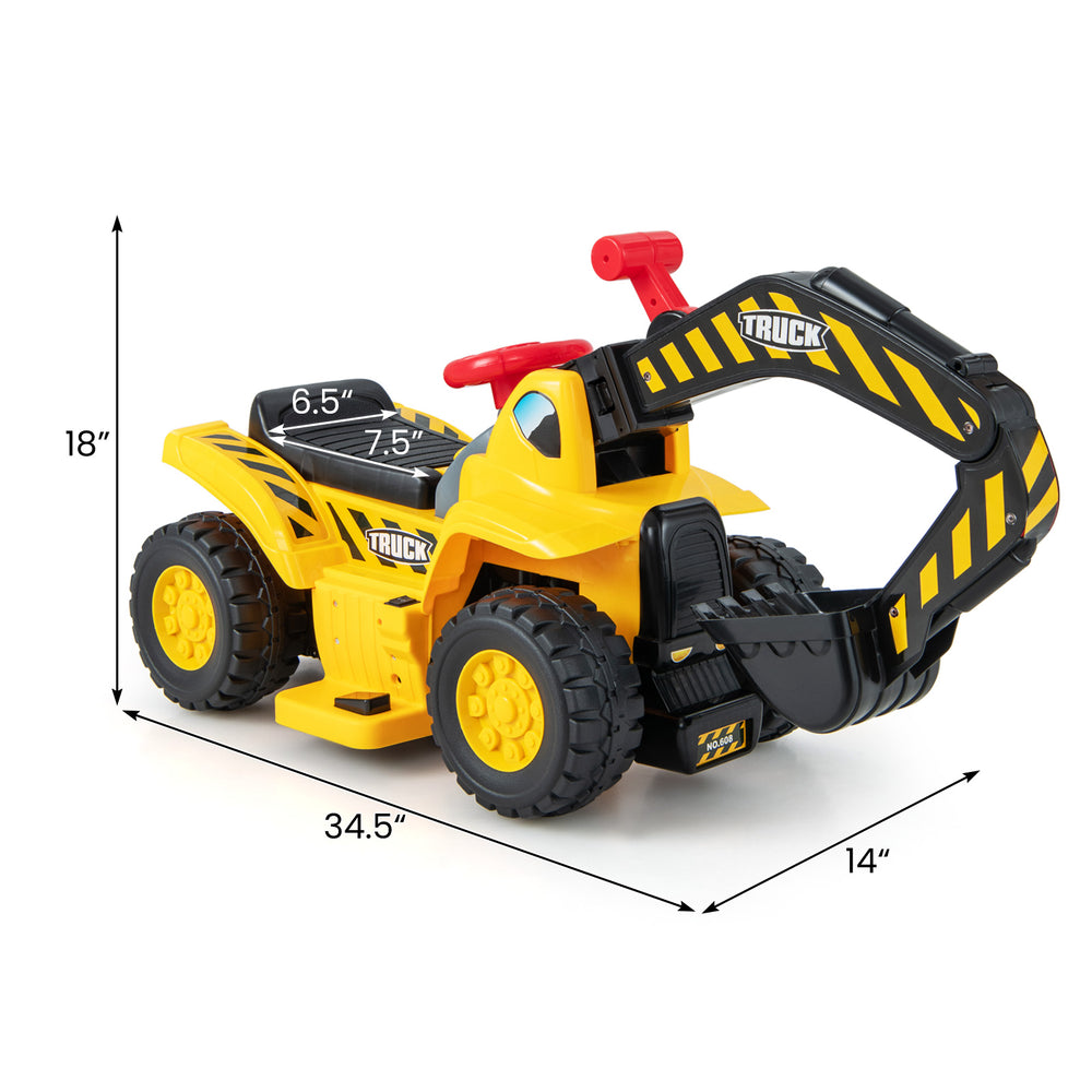 Kids ride-on excavator with folding basketball hoop, featuring a realistic digging arm and durable wheels for smooth.