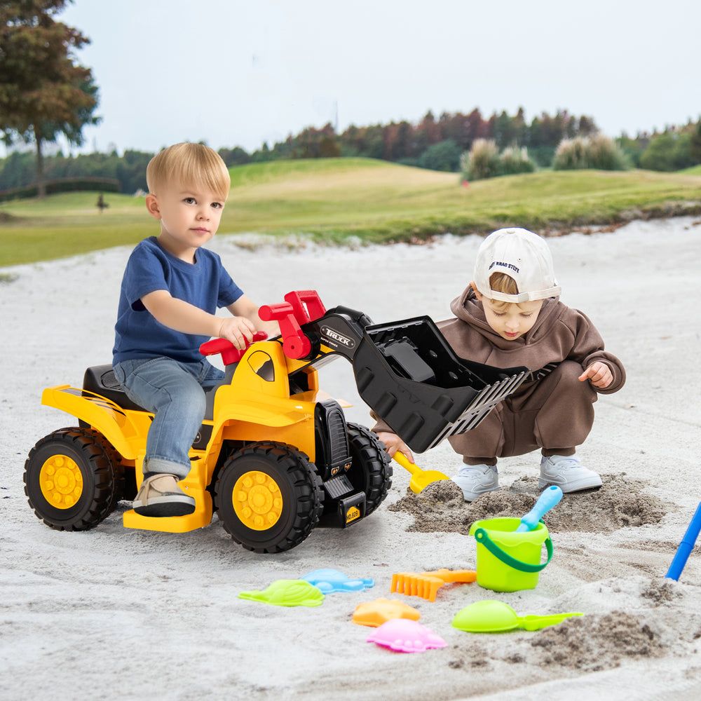 Kids playing with a 6V ride-on bulldozer, featuring adjustable handles and a folding basketball hoop for fun outdoor.