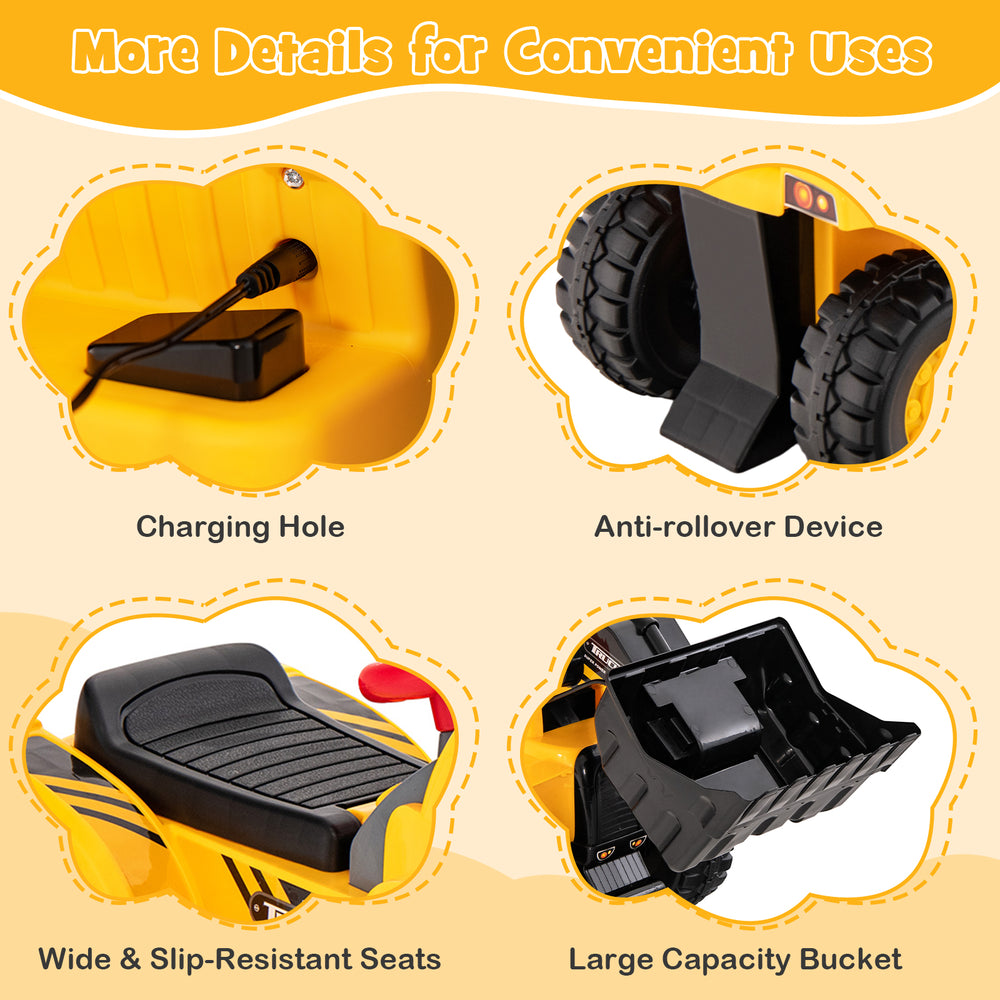 Detail view of the 6V Kids Ride On Bulldozer features a charging hole, anti-rollover device, and wide slip-resistant.