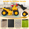 6V kids ride-on bulldozer in yellow with adjustable arm, suitable for various terrains like asphalt and grass.