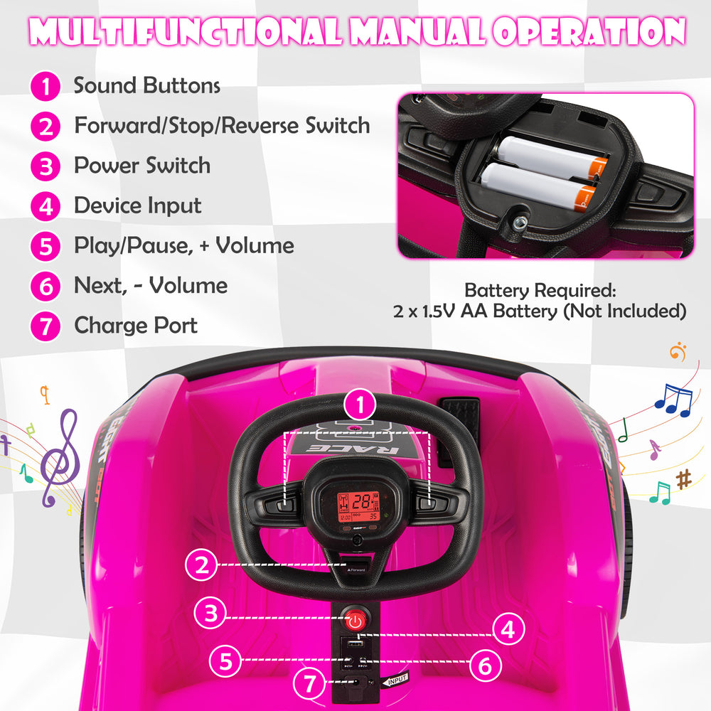Close-up of the pink steering wheel with sound buttons and remote control features for the 6V Kids Ride On Go Cart.