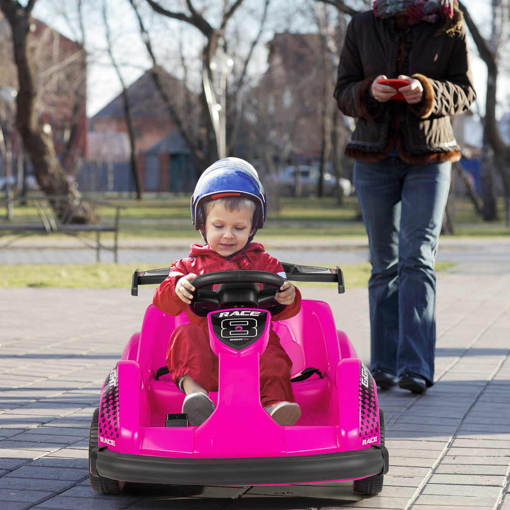 Pink 6V kids ride-on go-kart with remote control, safety belt, and spacious seat for outdoor fun and safety.