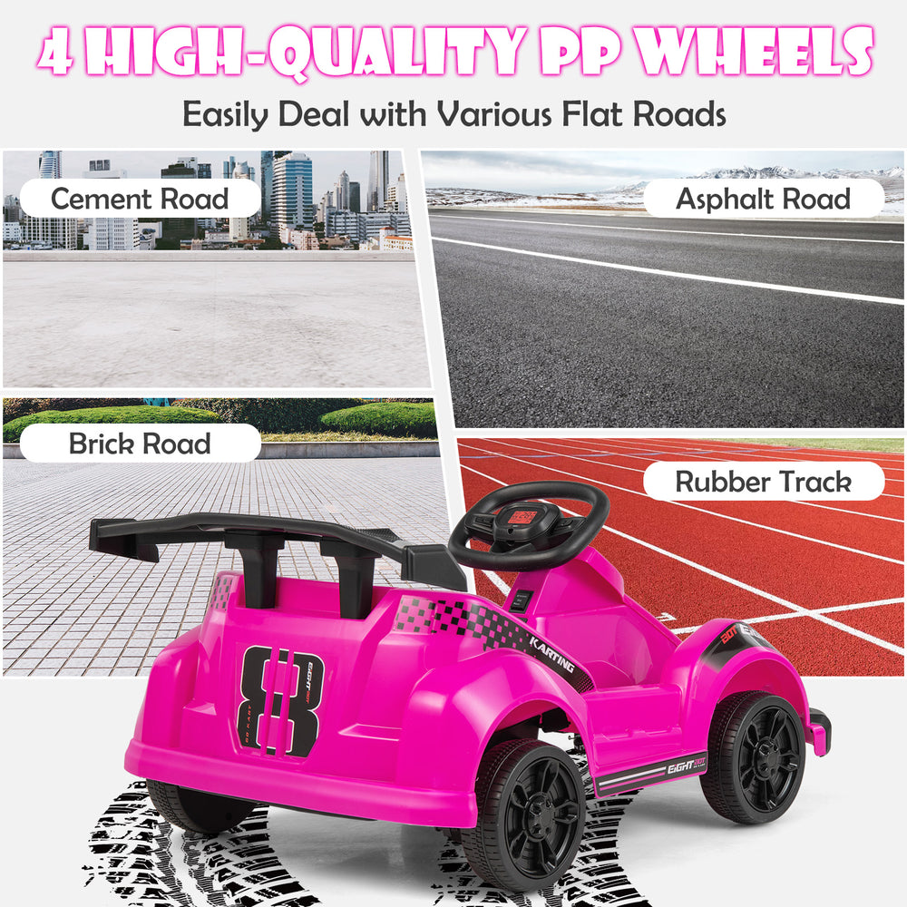 6V pink kids ride-on go cart with remote control, featuring durable PP wheels for various flat surfaces and safety belt.