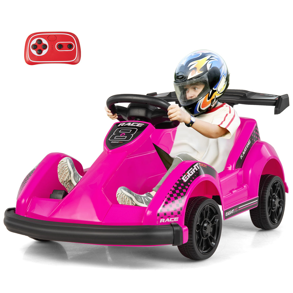 Pink 6V kids ride-on go-kart with remote control, safety belt, and spacious seat for comfortable driving fun.