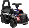 Kids ride-on police car in black with flashing lights, megaphone, and durable wheels for a fun driving experience.