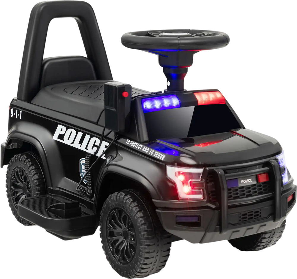 Kids ride-on police car in black with flashing lights, megaphone, and durable wheels for a fun driving experience.