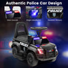 Kids ride-on police car in black with siren lights, realistic stickers, and steering wheel for fun outdoor adventures.