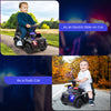 Kids ride-on police car in black with flashing lights, megaphone, and push car option for fun outdoor play.
