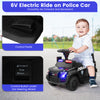 Kids ride-on police car in black with foot pedal, steering wheel, and realistic siren lights for fun outdoor play.