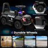 Kids ride-on police car in black with durable wheels, siren lights, and a realistic megaphone for fun outdoor play.