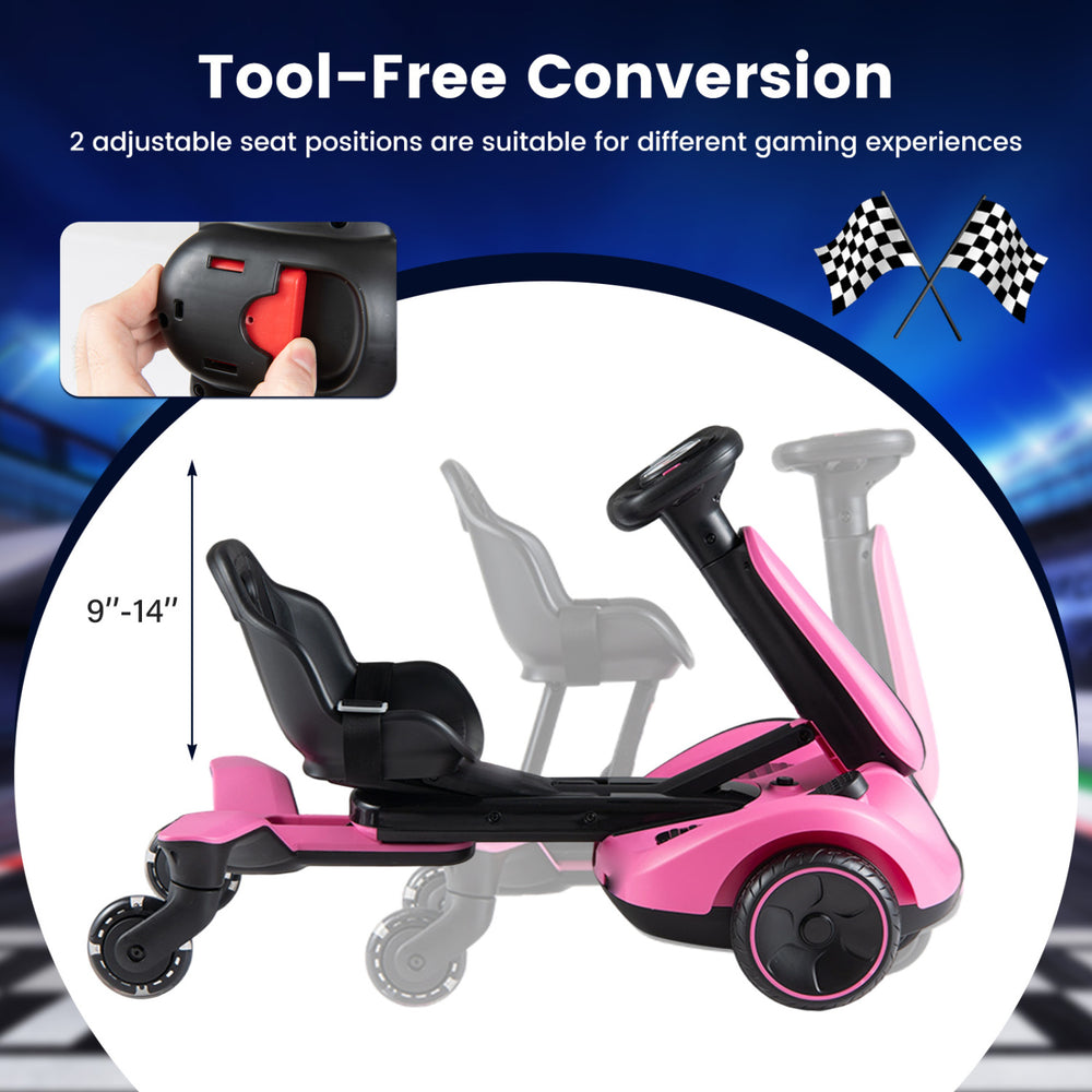 Adjustable seat and glowing wheels enhance the 6V pink ride-on drift car for fun and immersive driving experiences.