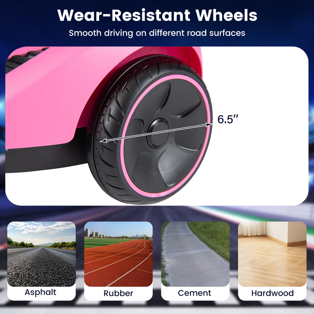 Wear-resistant 6.5” wheels on the pink 6V ride-on drift car enable smooth driving on various surfaces for kids.