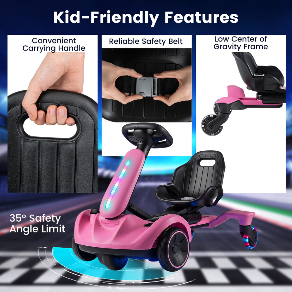 6V pink ride-on drift car features glowing wheels, adjustable seat, and safety belt for secure and fun rides.