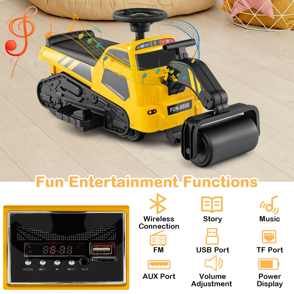 Yellow 6V ride-on tractor with adjustable arms, music features, and media panel for kids' fun and safe driving.