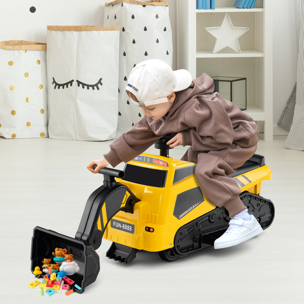 Yellow 6V ride-on tractor excavator with adjustable arms, music, and non-slip tires for kids' fun and safety.