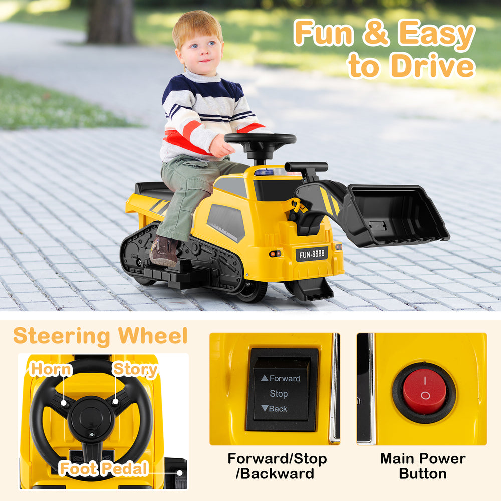 Yellow 6V ride-on tractor with adjustable arms, foot pedal, and steering wheel, perfect for kids over 1.5 years old.