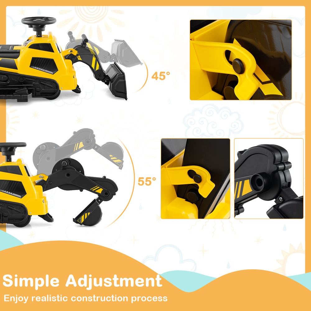 Adjustable arm detail of the 6V Ride on Tractor excavator, showcasing 45° and 55° positions for enhanced play.