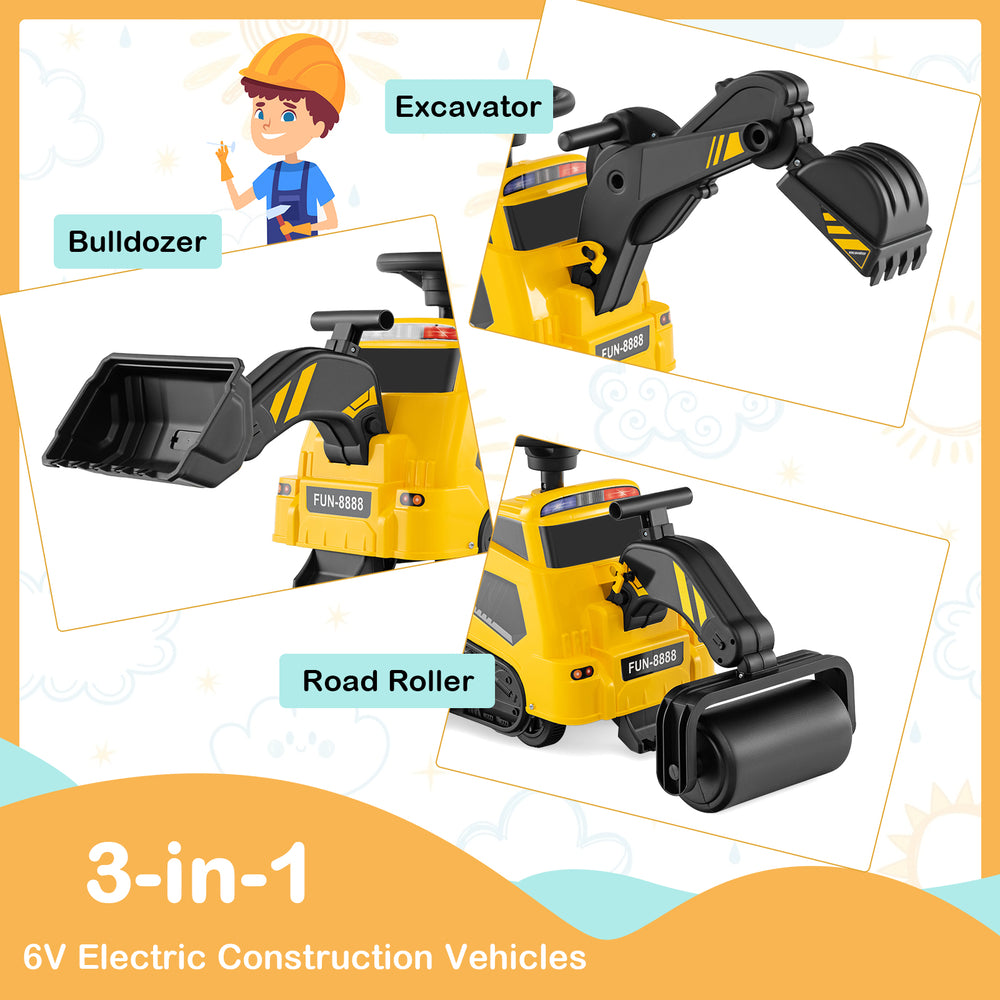 3-in-1 electric construction vehicle in yellow, featuring an excavator, road roller, and bulldozer for kids' fun.