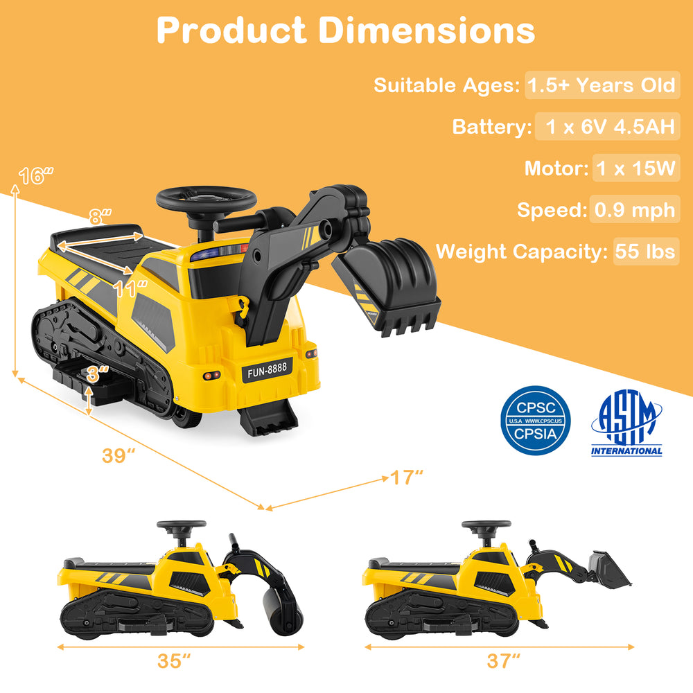 Dimensions of the 6V Ride on Tractor 3-in-1 Electric Excavator in yellow, suitable for kids over 1.5 years old.