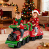 Colorful 6V ride-on train with detachable carriage, LED lights, and two seats for kids, perfect for festive fun.