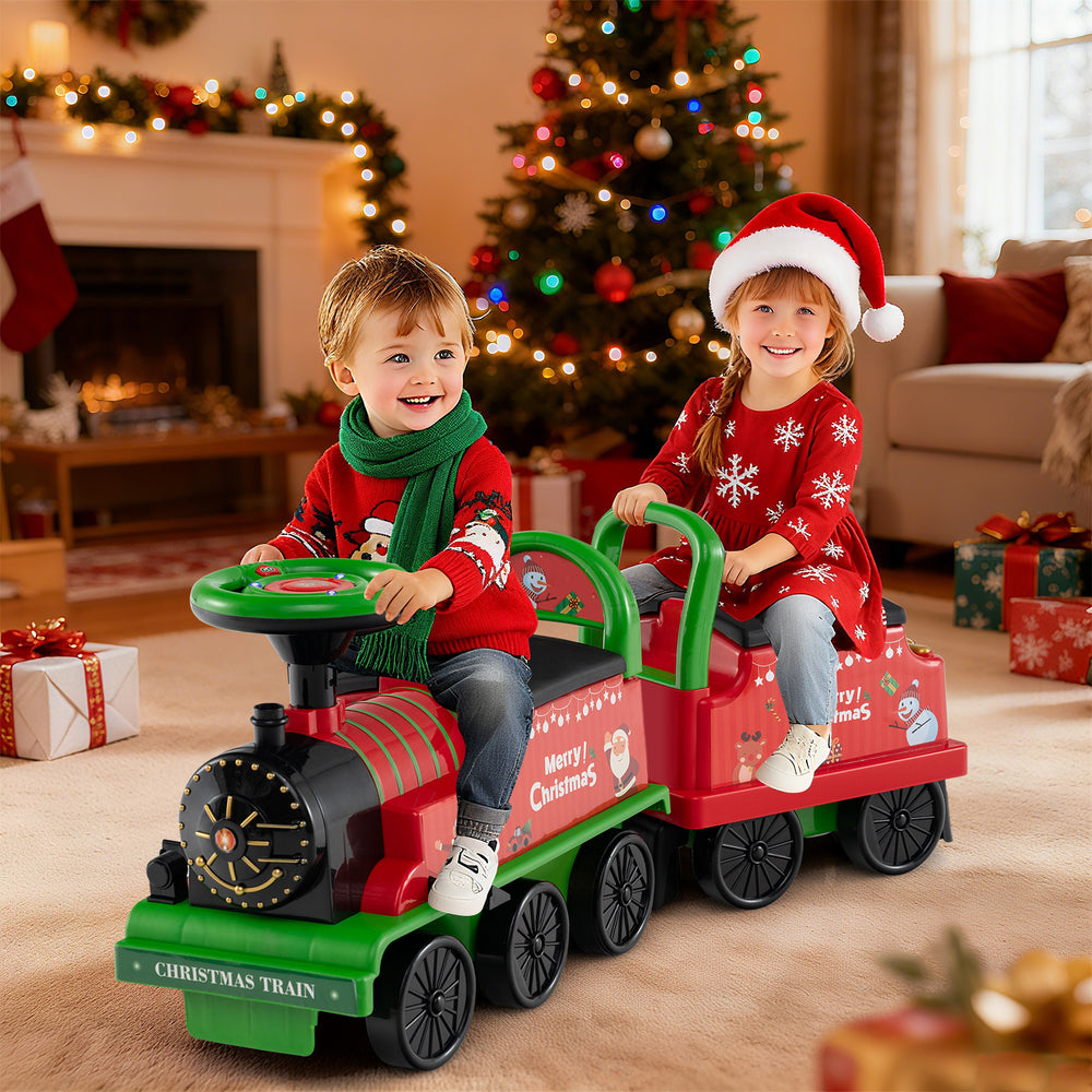 Colorful 6V ride-on train with detachable carriage, LED lights, and two seats for kids, perfect for festive fun.