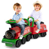 Colorful 6V ride-on train for two with detachable carriage, LED lights, and comfortable seating for kids.