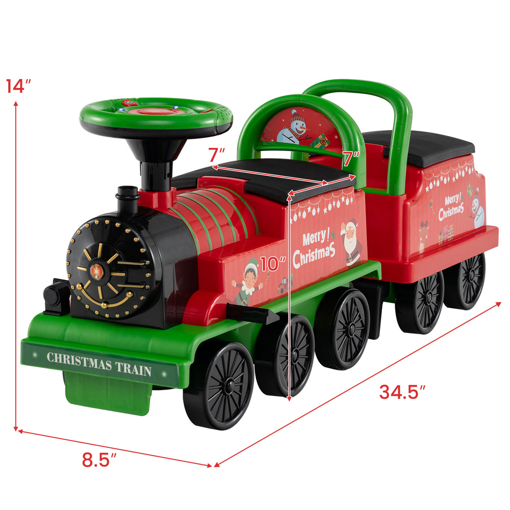 Detailed view of the colorful 6V ride-on train's detachable carriage, featuring buttons for songs and animal sounds for.