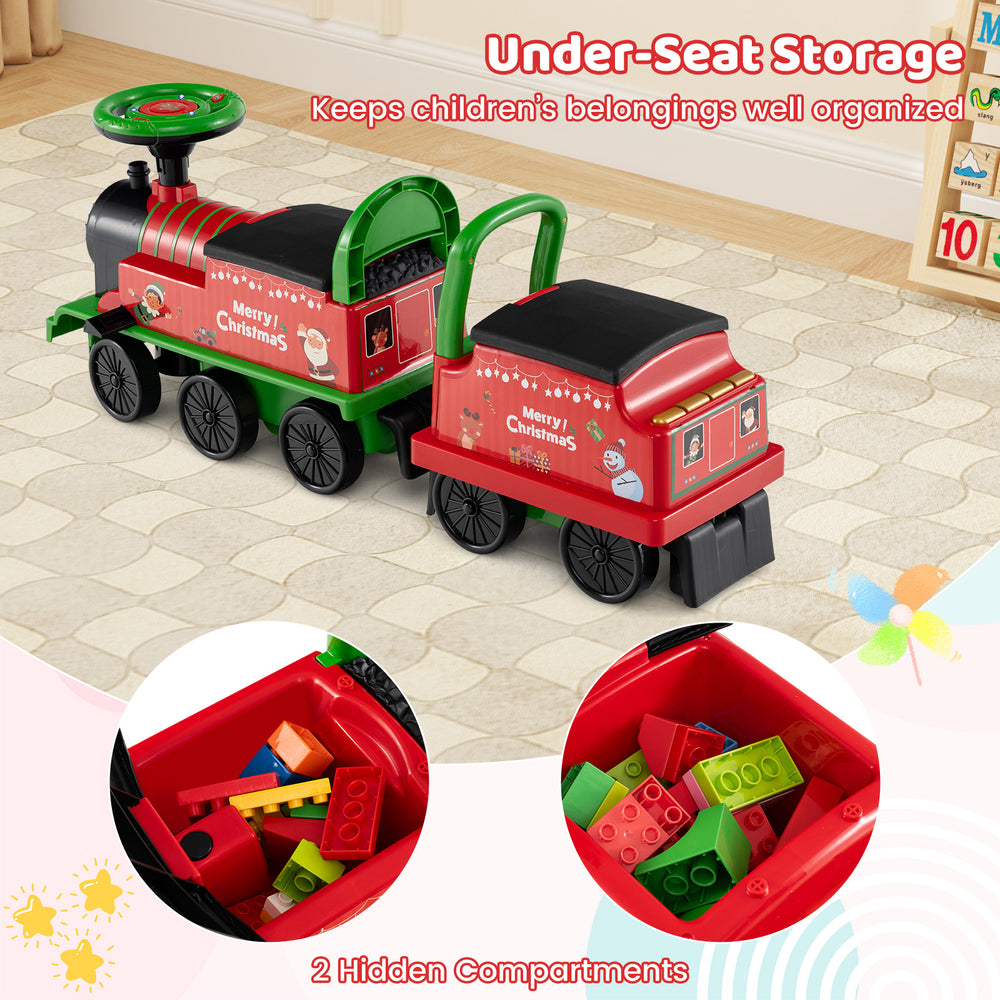 Colorful 6V ride-on train with detachable carriage, under-seat storage, and flashing LED lights for fun playtime.