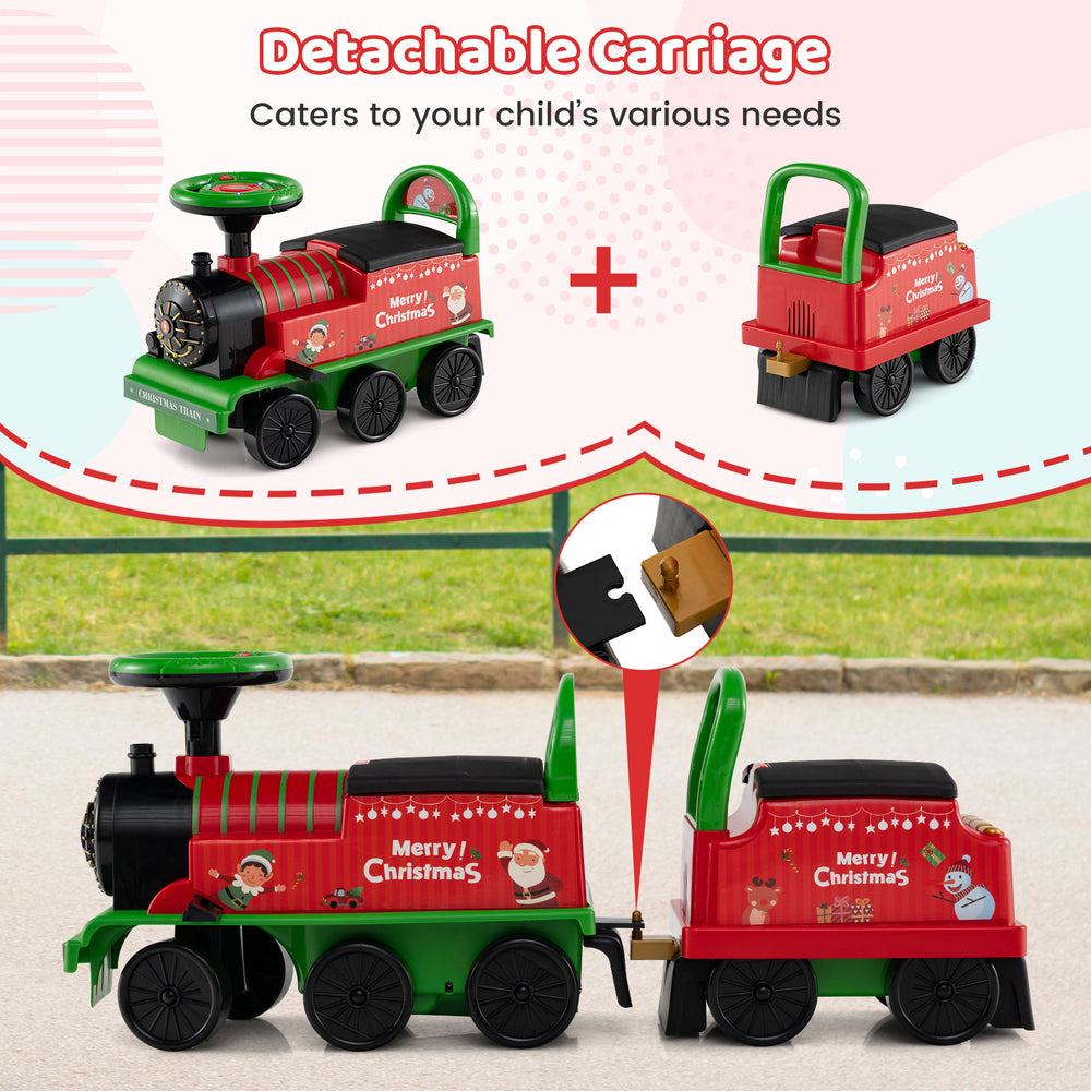 6V green ride-on train with detachable carriage, LED lights, and comfortable seating for safe, fun playtime.
