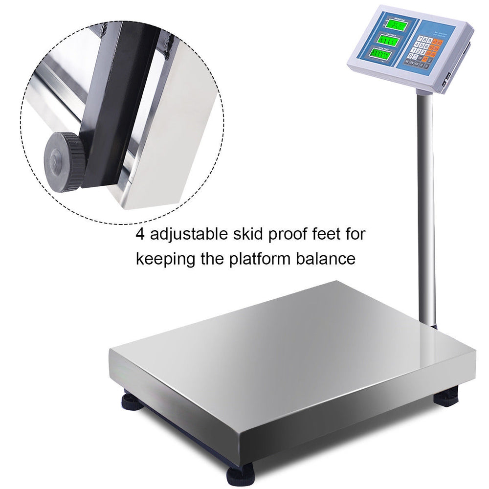 Digital floor platform scale with stainless steel surface and adjustable skidproof feet for stable weighing up to 660.