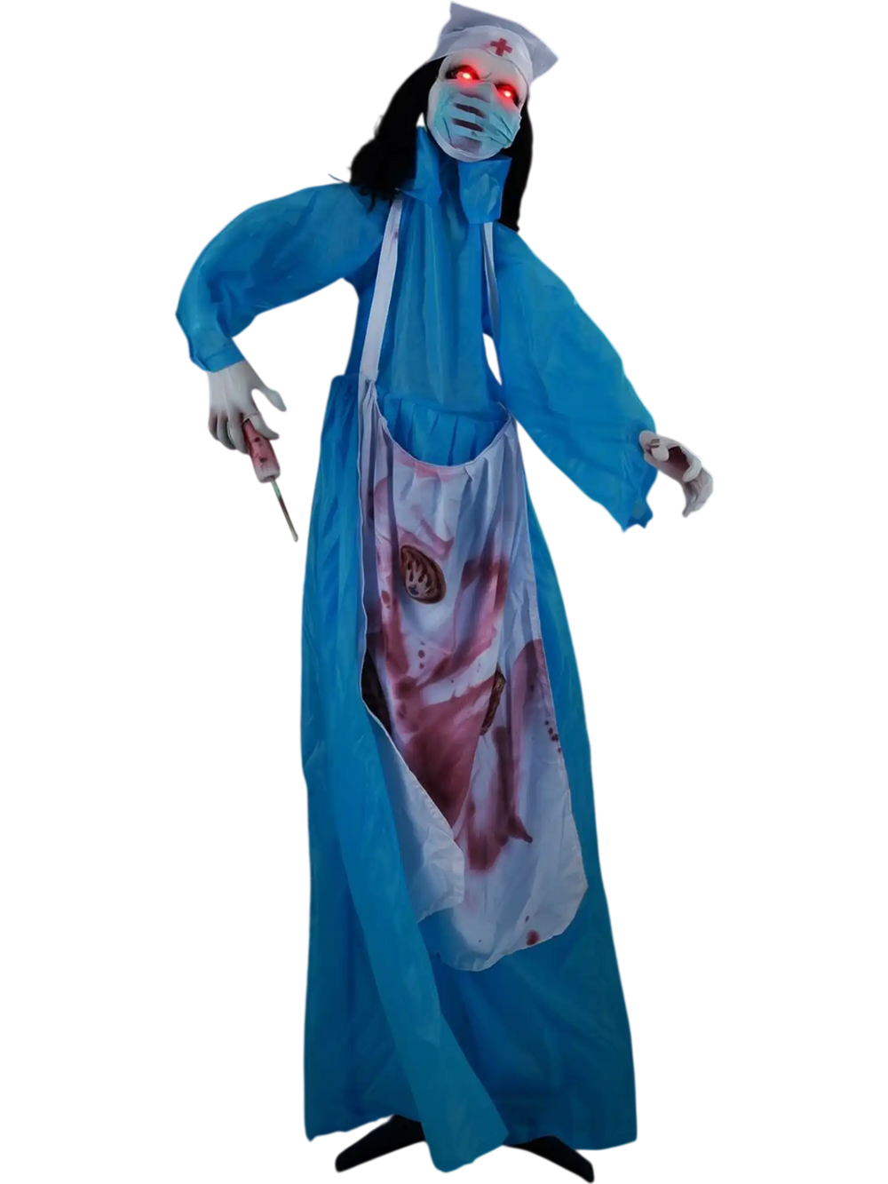 Life-size Halloween animatronic zombie nurse with glowing red eyes, bloody apron, and sound-activated animation for spooky displays.