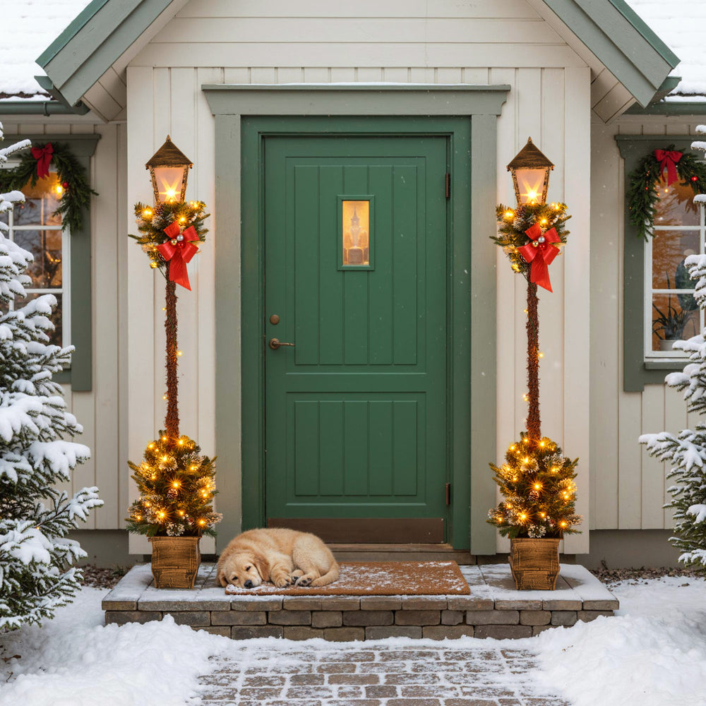 Two 6.1 feet pre-lit street lamps with snow-flocked branches and festive decorations, perfect for holiday doorways.