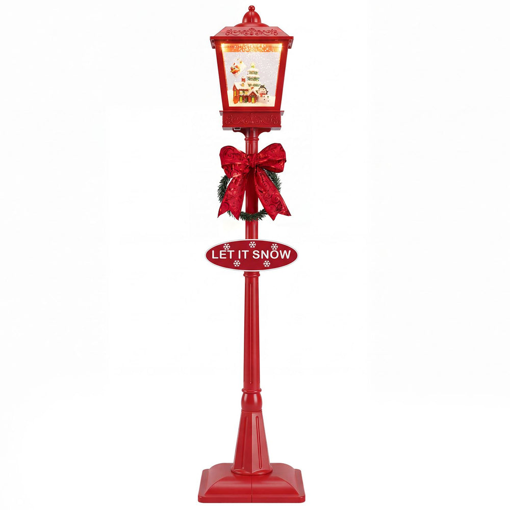 Red 6.1 ft musical Christmas streetlight with LED lights, featuring a Santa scene, snowflakes, and festive decorations.