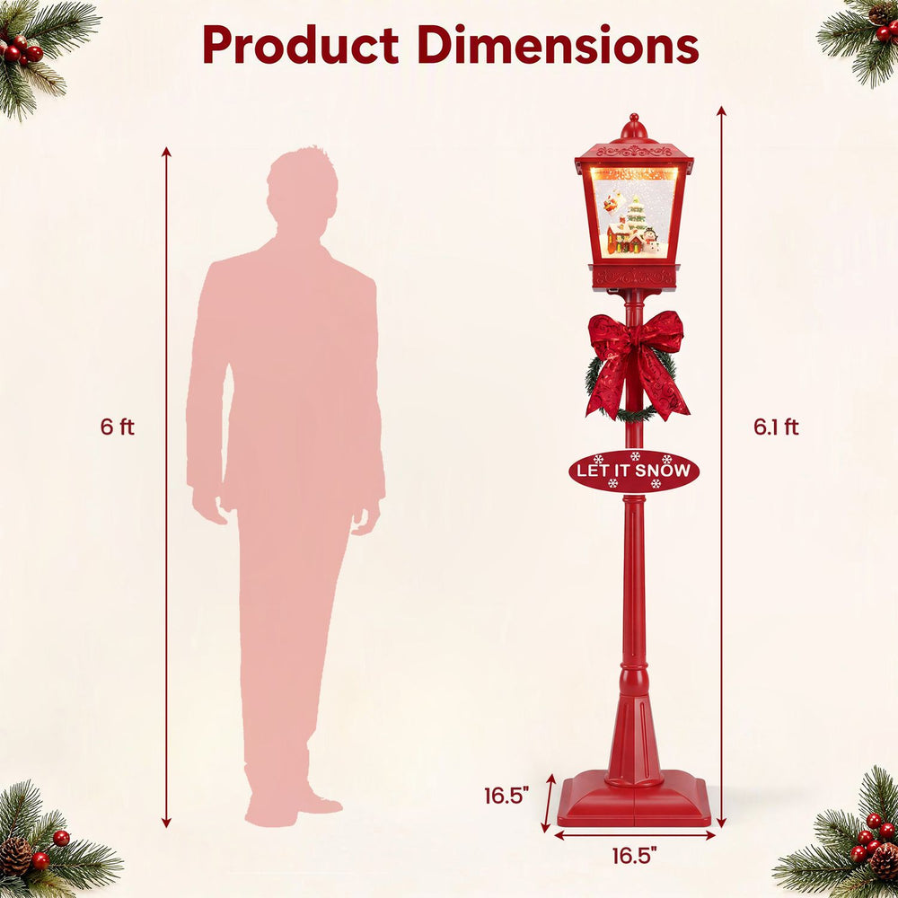 6.1 ft red musical Christmas streetlight with LED lights, featuring snowflakes and a Santa scene for festive outdoor decor.